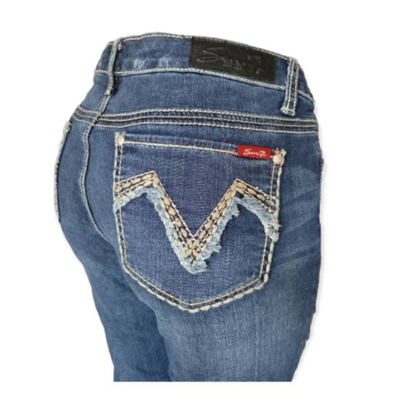 Seven7 Mid Rise Bootcut Flare Rhinestone Pocket Medium Wash Jeans Size 32 - Picture 8 of 12